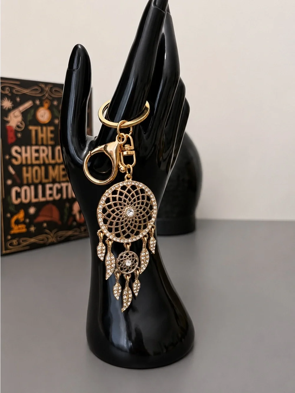 Gold Dreamcatcher Keychain, Boho Bag Charm, Rhinestone Purse Charm Gift